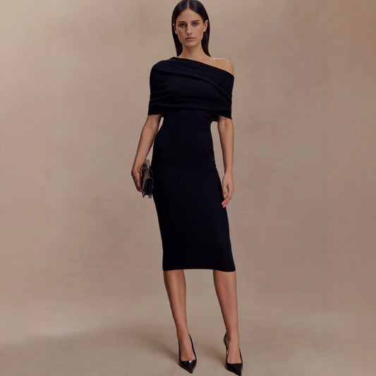 Slim fit solid color one-word shoulder dress