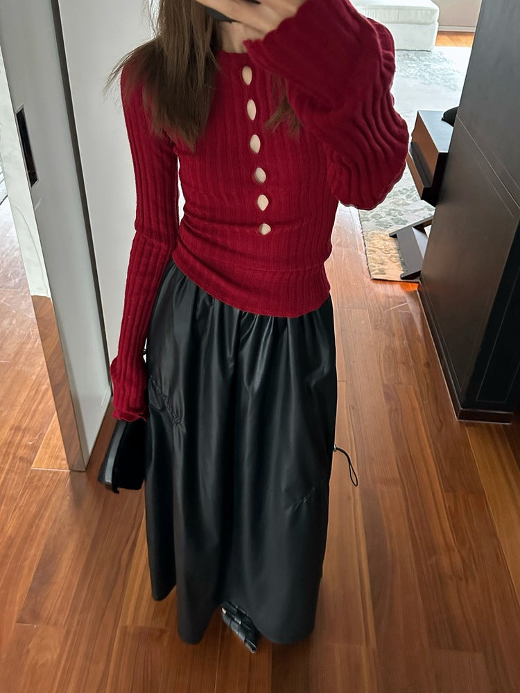 Dopamine Hollow Design Sense Wool Knitted Bottom Shirt Early Autumn Spice Girl Slim Sweater
