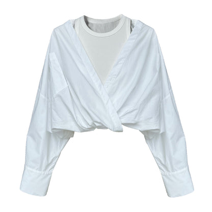 Spring French high-end silhouette commuter off-the-shoulder shirt with knitted vest inside, fake two-piece top women