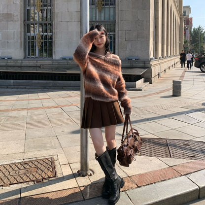 College retro thin a word high waist woolen pleated skirt