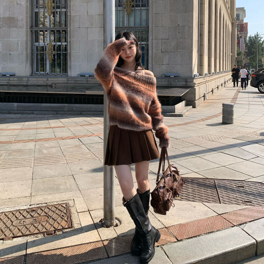 College retro thin a word high waist woolen pleated skirt