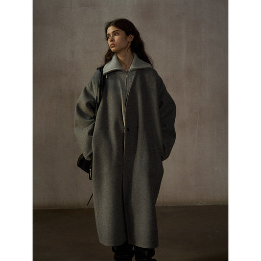 All wool meticulous soft warm simple V-neck loose silhouette double-sided nylon coat