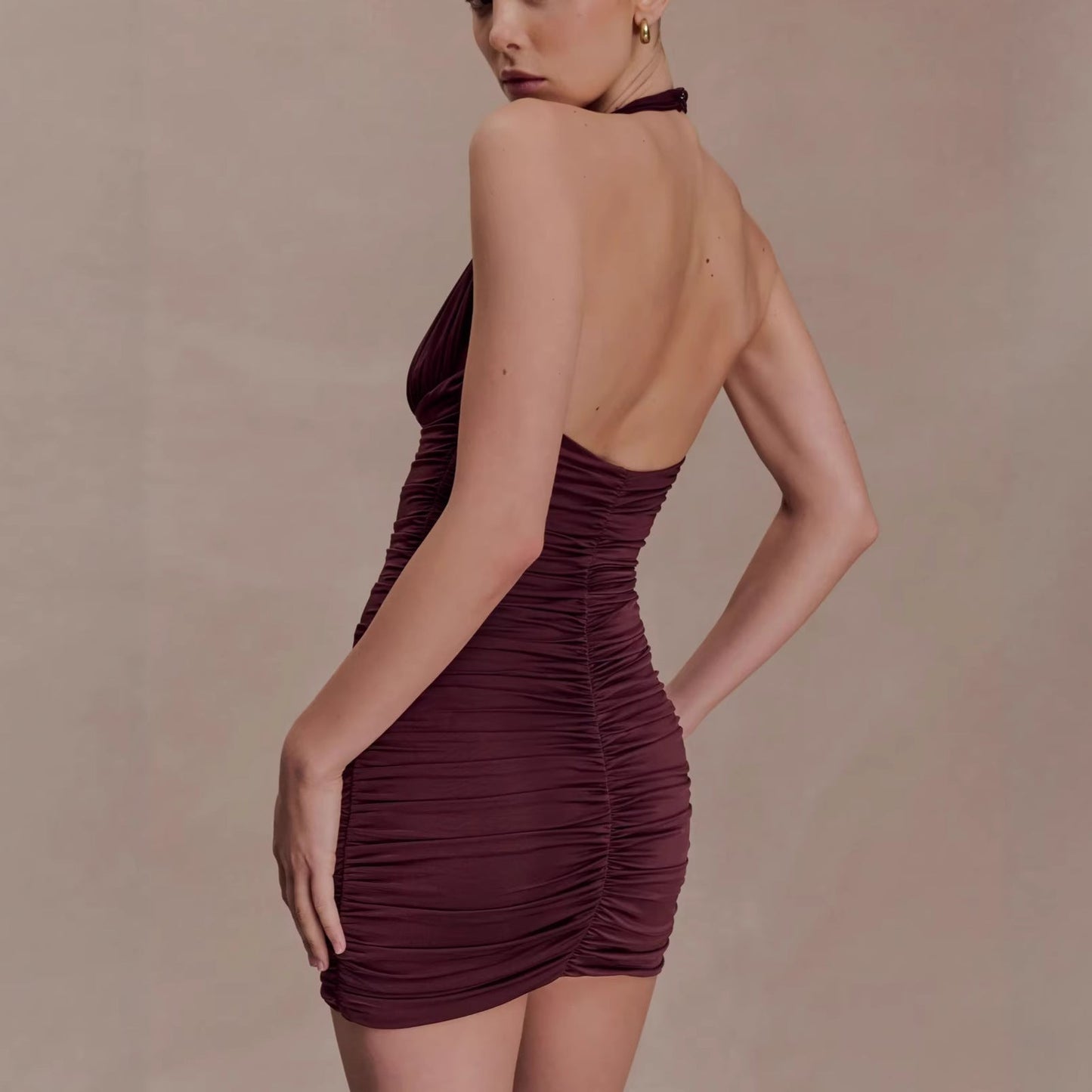 Sexy V-neck slim-fit pleated hip skirt backless European and American neck dress