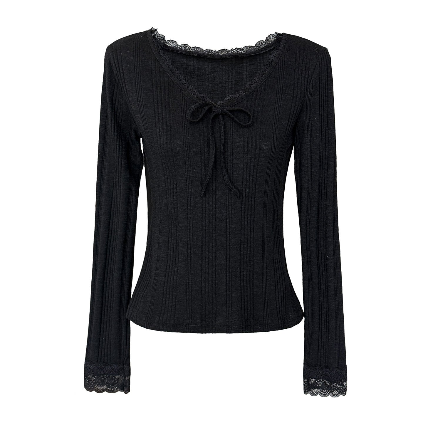 Korean V-neck lace bow long-sleeved T women's early spring new slim-fit bottoming shirt