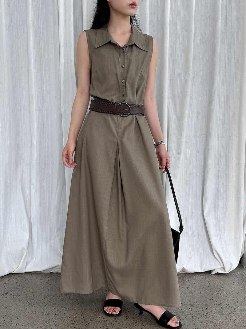 French temperament cotton and linen tooling shirt skirt with belt summer new waist sleeveless dress
