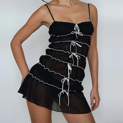 Niche temperament French celebrity style short skirt pleated lace-up waist suspender dress