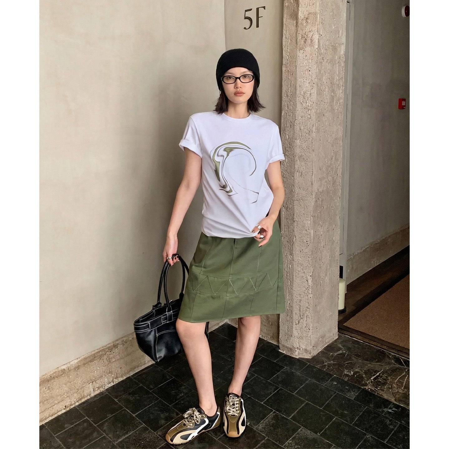 Tencel cotton ripple print short-sleeved T-shirt