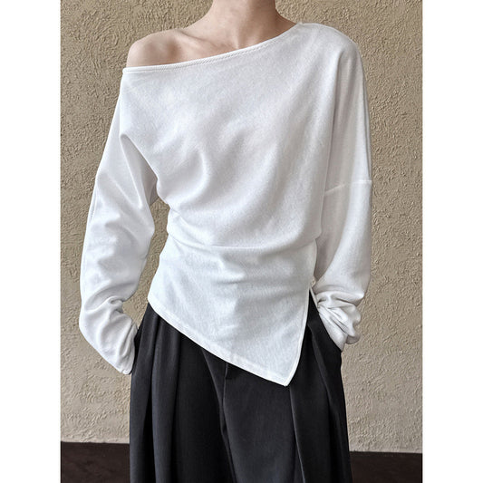 High-end irregular slanted shoulder sweater women's new niche design pleated split waist top