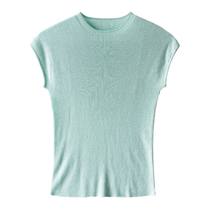 Simple slim temperament flying sleeves wool knitted top women's 26 spring new versatile T-shirt