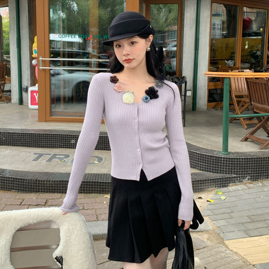 Sweet three-dimensional flower single-breasted v-neck pit strip sweater cardigan