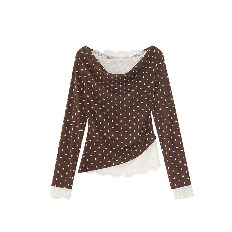 Gentle polka dot slanted shoulder slim-fit lace-edged long-sleeved knitted sweater