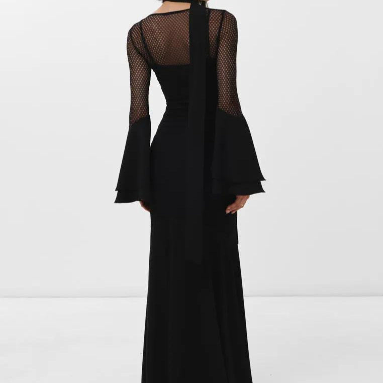 Perspective dress high waist hollow round  sexy horn sleeve hip dress