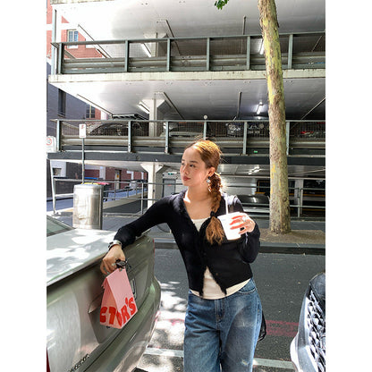 Early spring pure desire sweet hottie temperament long-sleeved fringed v-neck knitted sweater