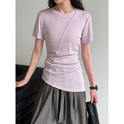 High Elasticity and Thin~ Design Sense Irregular Slim Sleeve Women's Summer Light and Thin Lyocell Tencel T-Shirt
