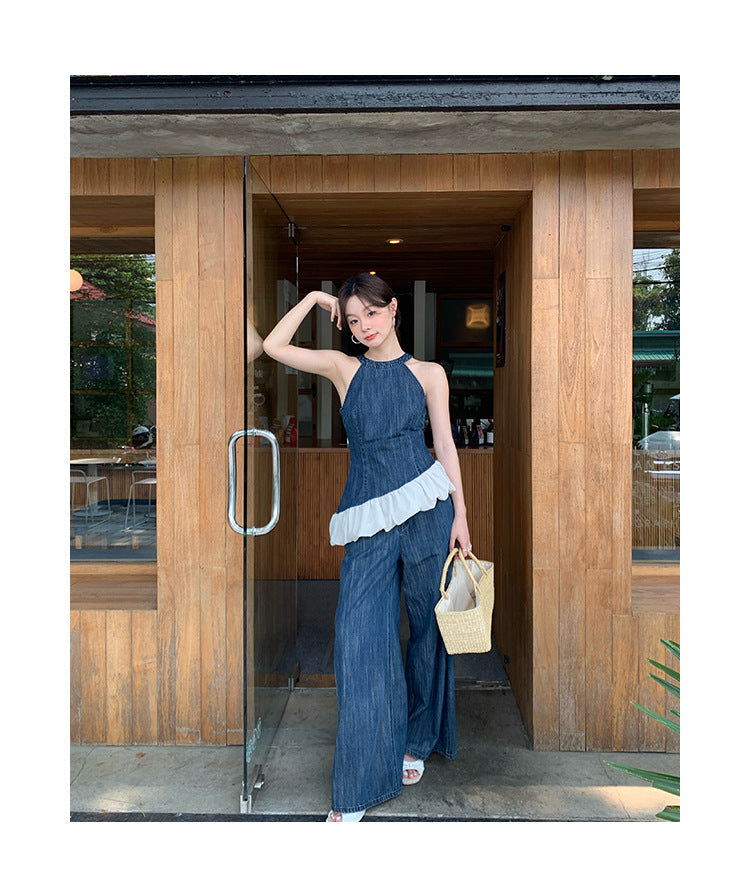 Denim Vest Asymmetrical Neck Sleeveless Top