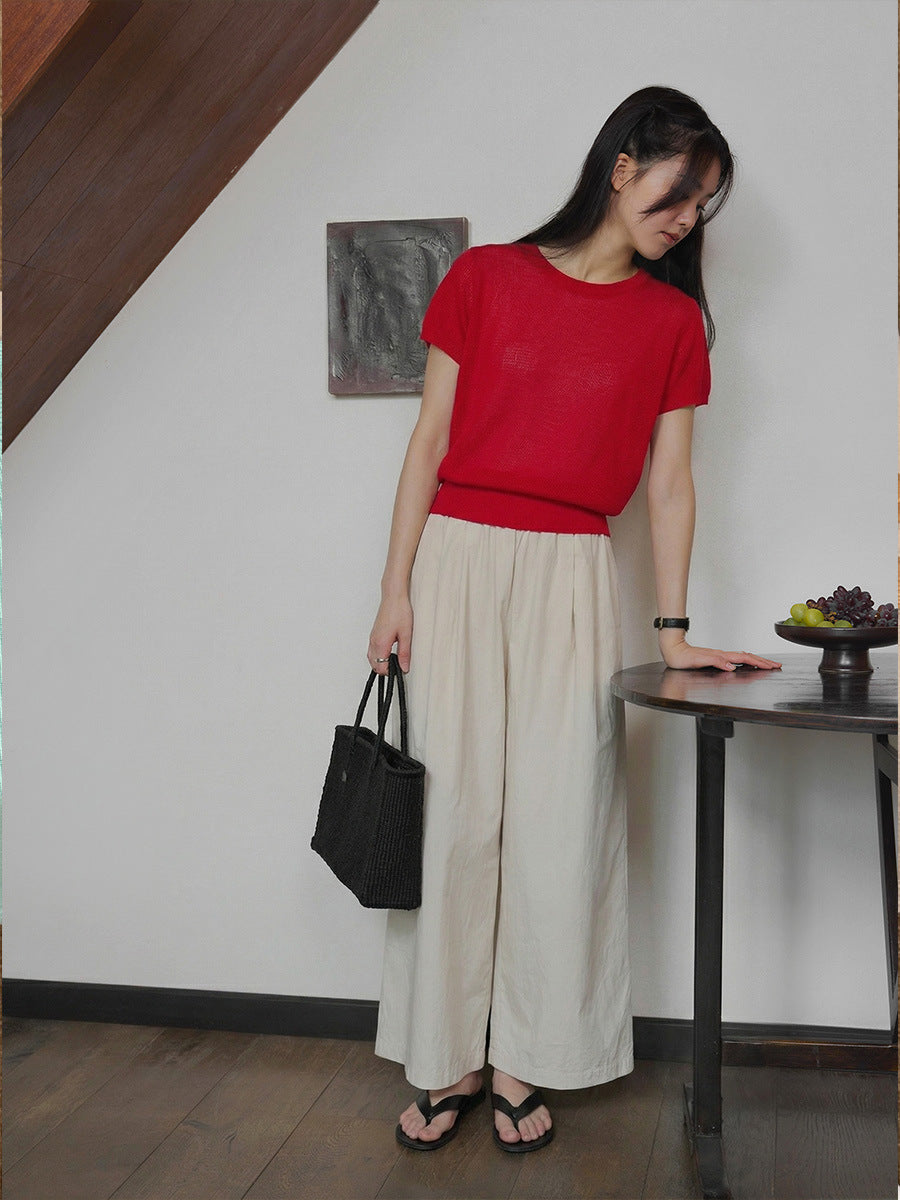 Seamless one-piece short-sleeved knitted sweater lazy top
