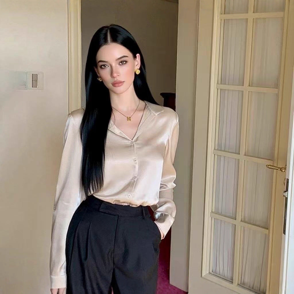 Real autumn and winter new design sense V-neck satin acetic acid shirt women's long-sleeved shirt versatile top