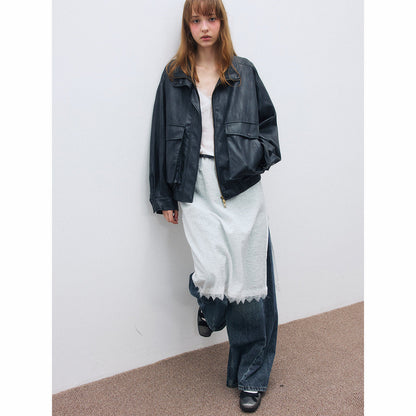 Autumn casual stand-up collar classic retro super soft big pocket versatile leather jacket