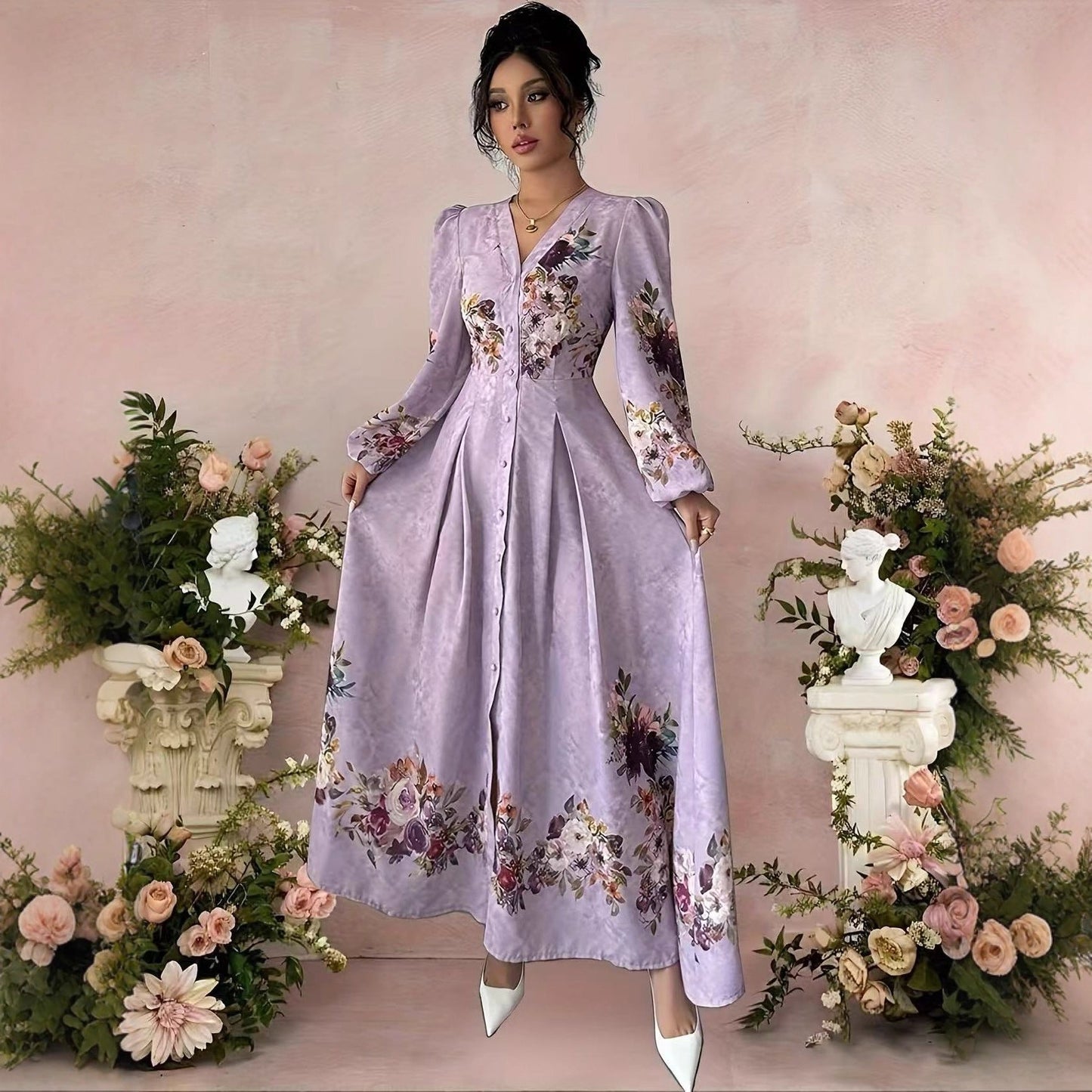 Autumn Ladies Elegant Floral Print V-Neck Button Front Split Lantern Sleeve Waist Vacation Dress