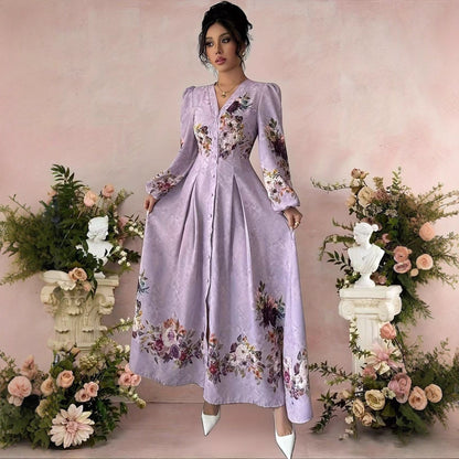 Autumn Ladies Elegant Floral Print V-Neck Button Front Split Lantern Sleeve Waist Vacation Dress