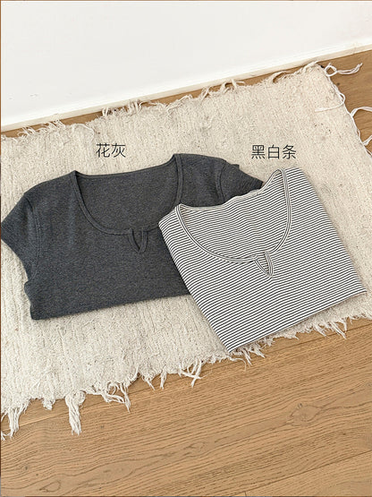 V-mouth round neck small flying sleeves skin-friendly short-sleeved T-shirt women's top