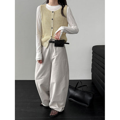 Japanese simple relaxed design scimitar slacks women's spring new wide-leg trousers
