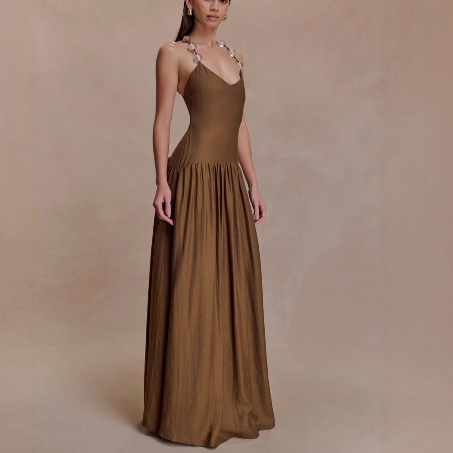 Fashion temperament Elegant V-neck beaded suspender skirt waist backless sexy dress