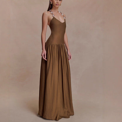 Fashion temperament Elegant V-neck beaded suspender skirt waist backless sexy dress