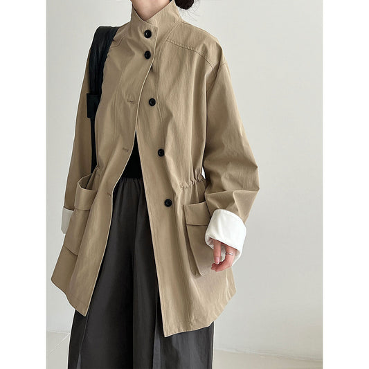 Korean medium and long stand-up collar loose drawstring trench coat women's autumn new big pocket design coat