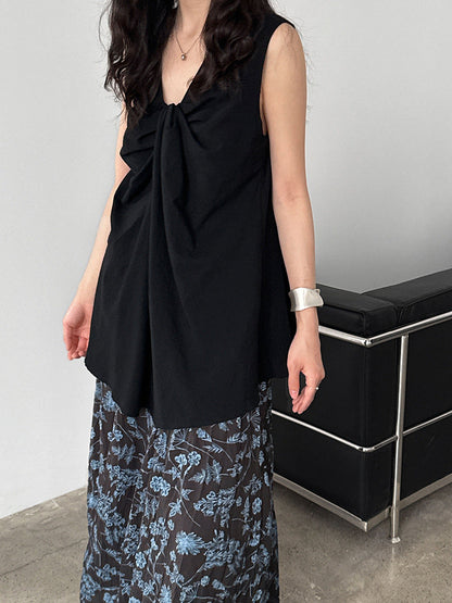 French crew neck design three-dimensional kinked vest top women's summer new loose and thin shirt