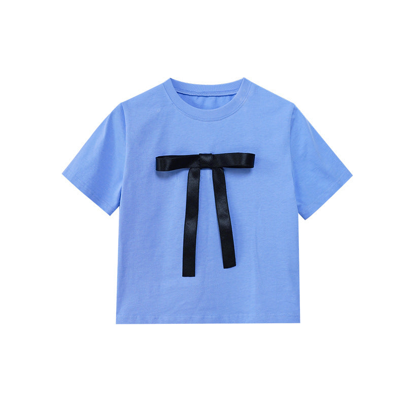 Early spring French slimming versatile slim bow short-sleeved T-shirt