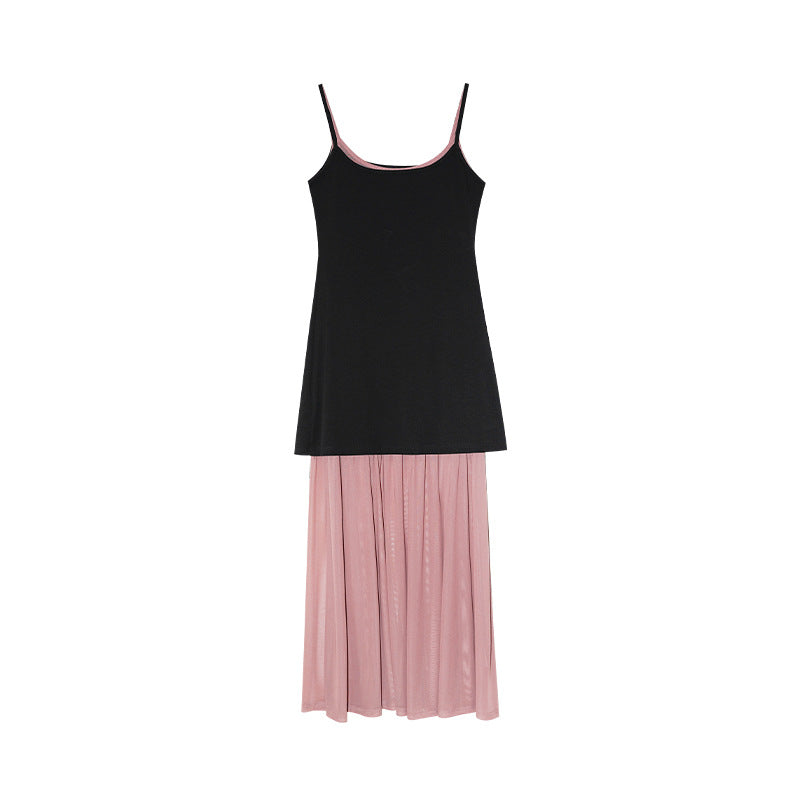 French mesh stitching shows thin contrasting color minimalist suspender dress