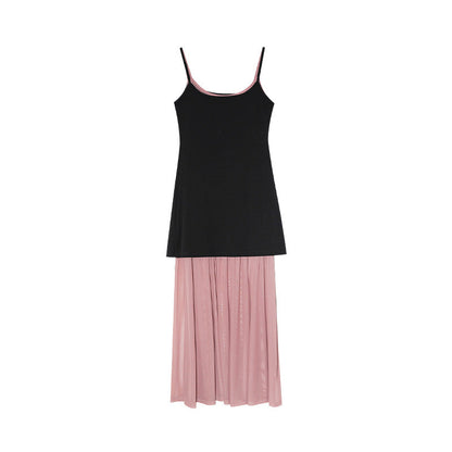 French mesh stitching shows thin contrasting color minimalist suspender dress