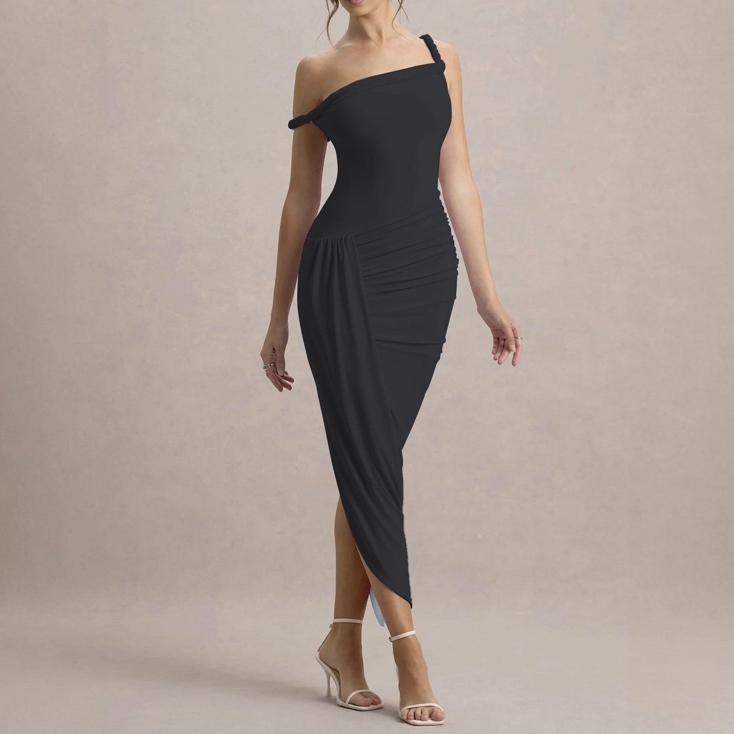 One-Shoulder Sleeveless Dress Women Mid Waist Irregular Hem Maxi