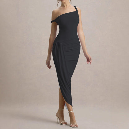 One-Shoulder Sleeveless Dress Women Mid Waist Irregular Hem Maxi