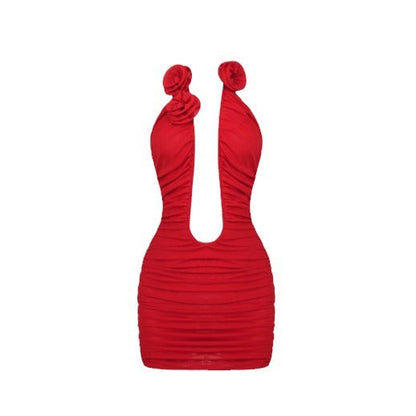 Short Skirt Hollow Three-dimensional Flower Shrinkled Mesh Tube Top Sexy Halter Dress Spice Girl