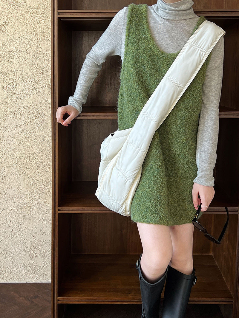 Korean atmosphere U-neck loose and thin stacked wool loop wool knitted vest dress