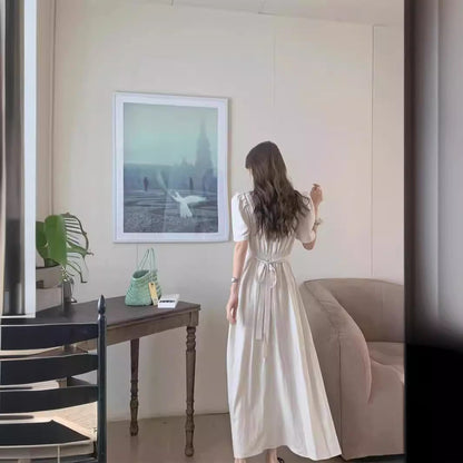 U-Neck Cotton Linen Dress Women Puff Sleeve Mid-Waist Long Skirt