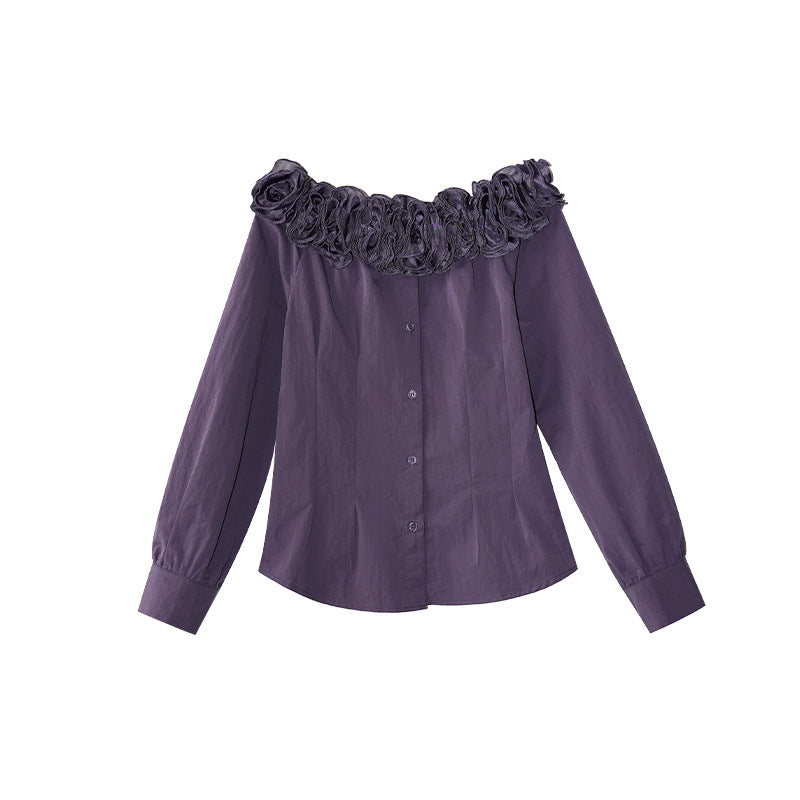 Autumn French Chic Heavy Industry Flower Pinch Pleated Waist Shoulder Shirt