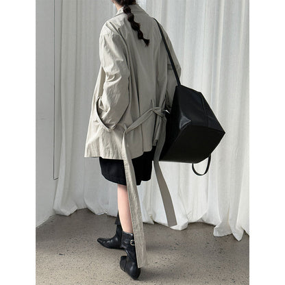 Korean lightweight texture silhouette straps thin trench coat women's autumn new lapel jacket