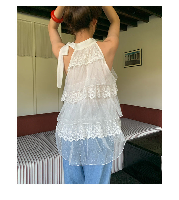 Ribbon bow multi-layer spliced sleeveless lace top