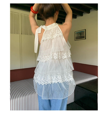 Ribbon bow multi-layer spliced sleeveless lace top