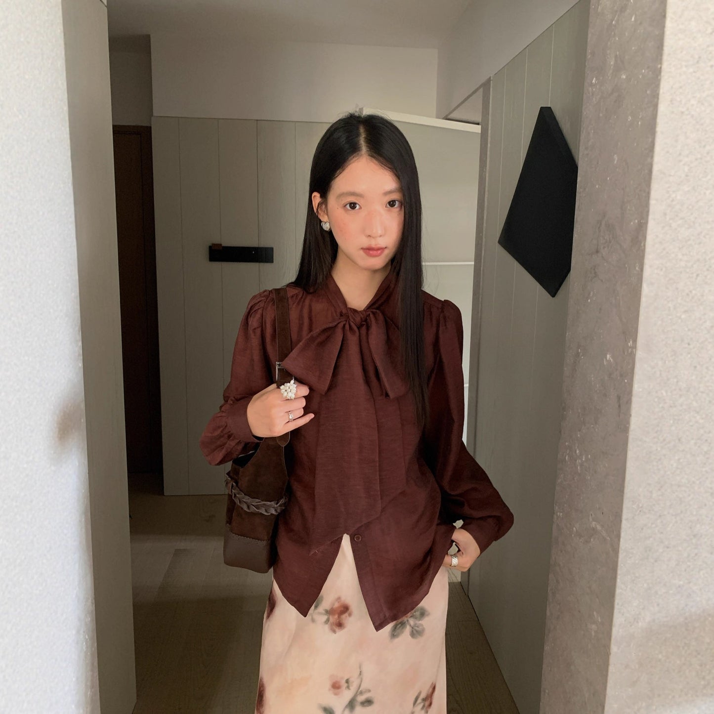 Temperament Tencel cotton tie-up collar long-sleeved bow shirt