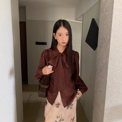 Temperament Tencel cotton tie-up collar long-sleeved bow shirt