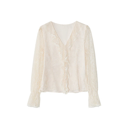 Hollow ruffle edge design embroidered lace shirt