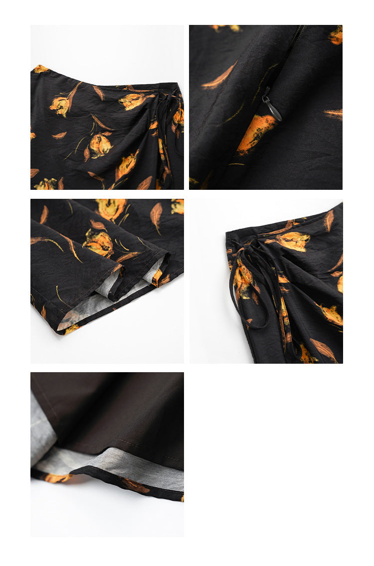 Retro beautiful temperament high waist straight lace-up floral skirt