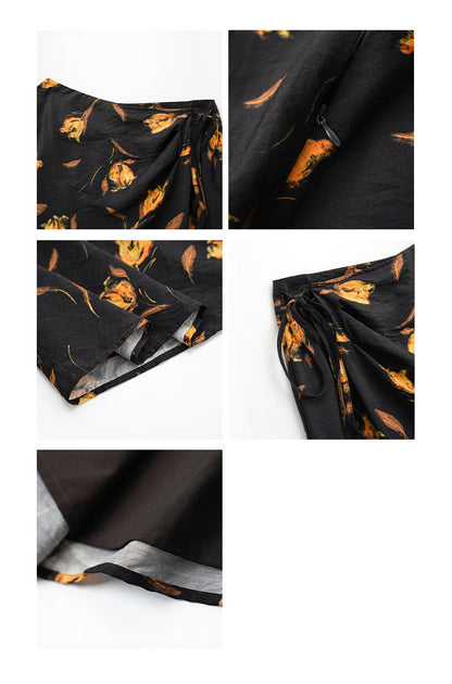 Retro beautiful temperament high waist straight lace-up floral skirt