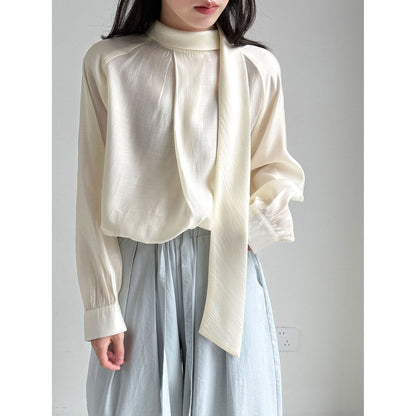 French gentle stand-up collar streamer long-sleeved shirt women's early spring new temperament versatile shirt