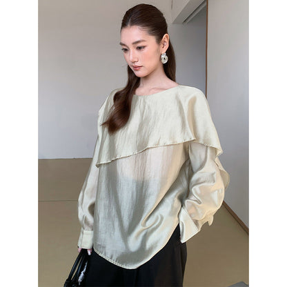 Minimalist spring asymmetrical loose-leaf shape Tencel micro-transparent shirt