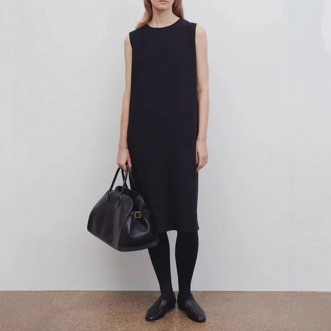 Round Neck Sleeveless Dress Women High Waist Straight Midi Acetate